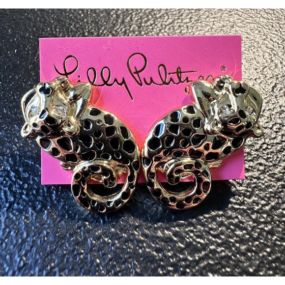 Lilly Pulitzer Gold Tone Signed Cheetah Leopard Stud Post Earrings NEW - Picture 3 of 6